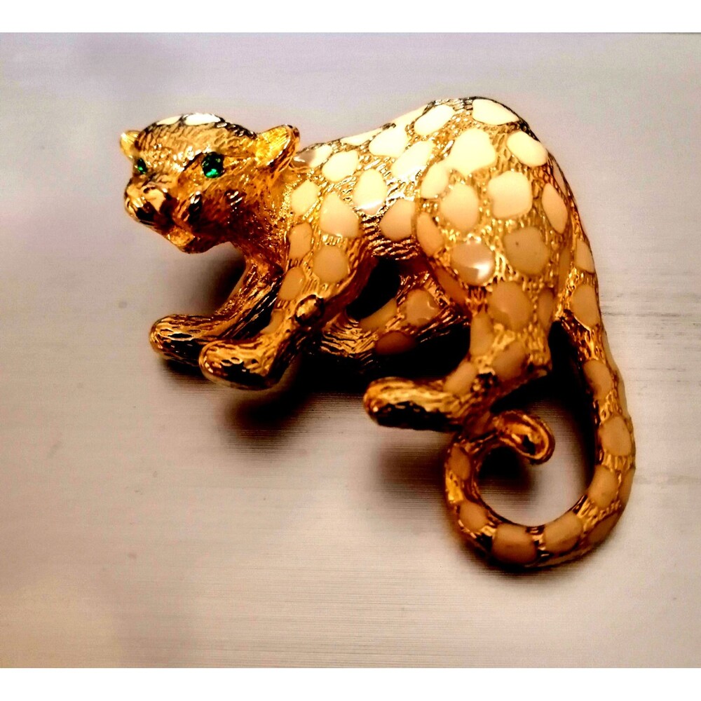VTG Mosaic Enamel Textured Gold Leopard Brooch Pendant Green Rhinestone Eyes